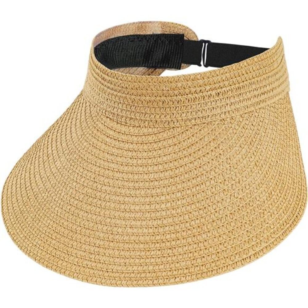 Khaki Straw Wide Brim Sun Visor – Roll-Up Adjustable Visor Hat for Women Beach